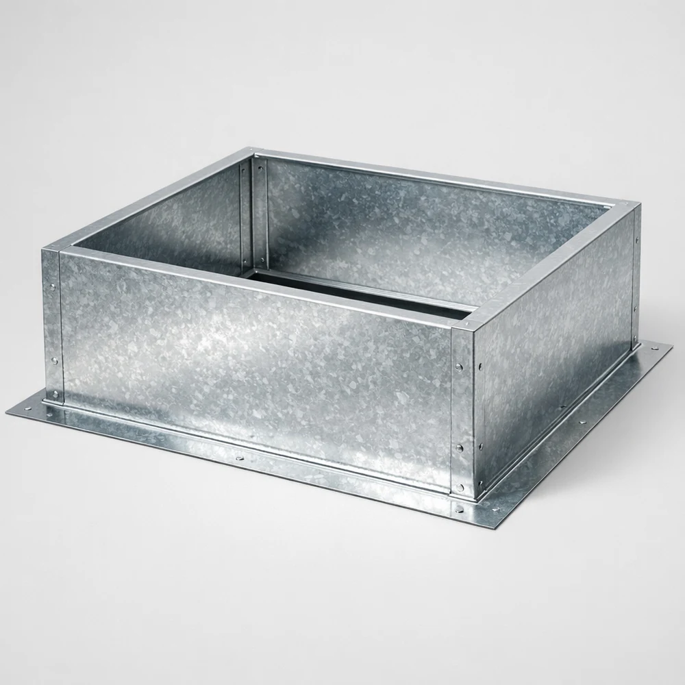 Custom galvanized sheet-metal rooftop equipment curb, open-top open-bottom box with an outward base flange, three-quarter view