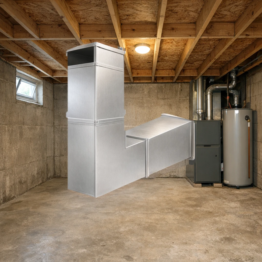 Aluminum rectangular duct elbow installed in a basement mechanical room, joined to rectangular duct on both legs