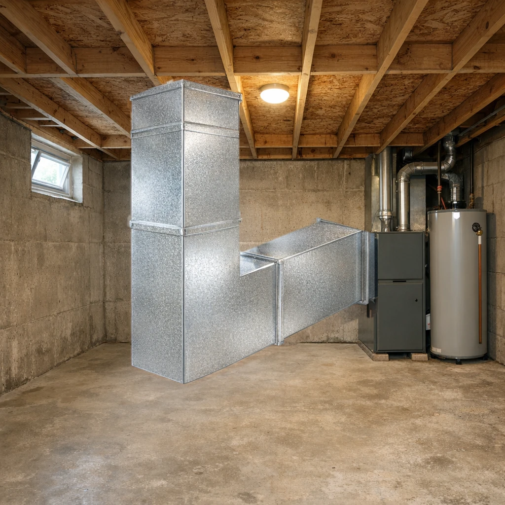 Galvanized rectangular duct elbow installed in a basement mechanical room, joined to rectangular duct on both legs