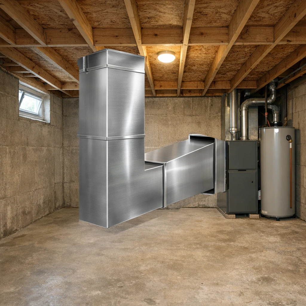 Stainless steel rectangular duct elbow installed in a basement mechanical room, joined to rectangular duct on both legs