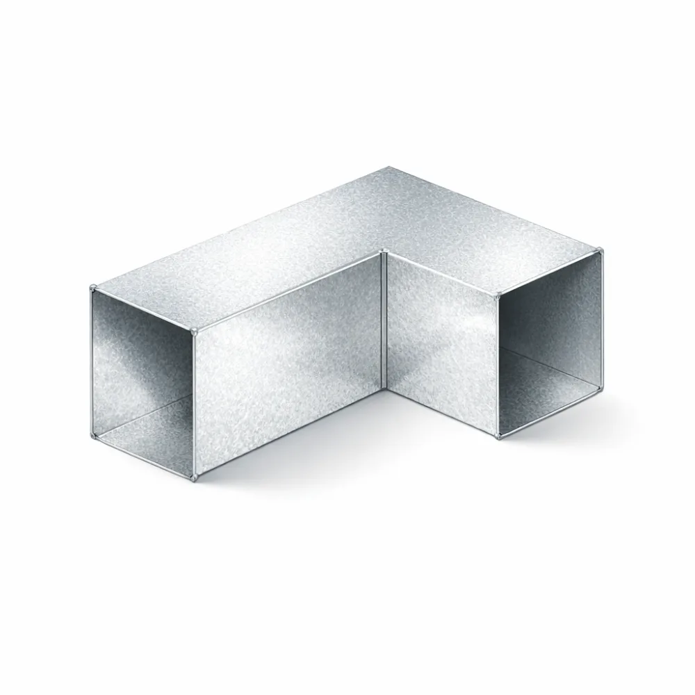 Custom galvanized rectangular duct elbow, 90 degree, three-quarter view showing the heel, throat and cheeks