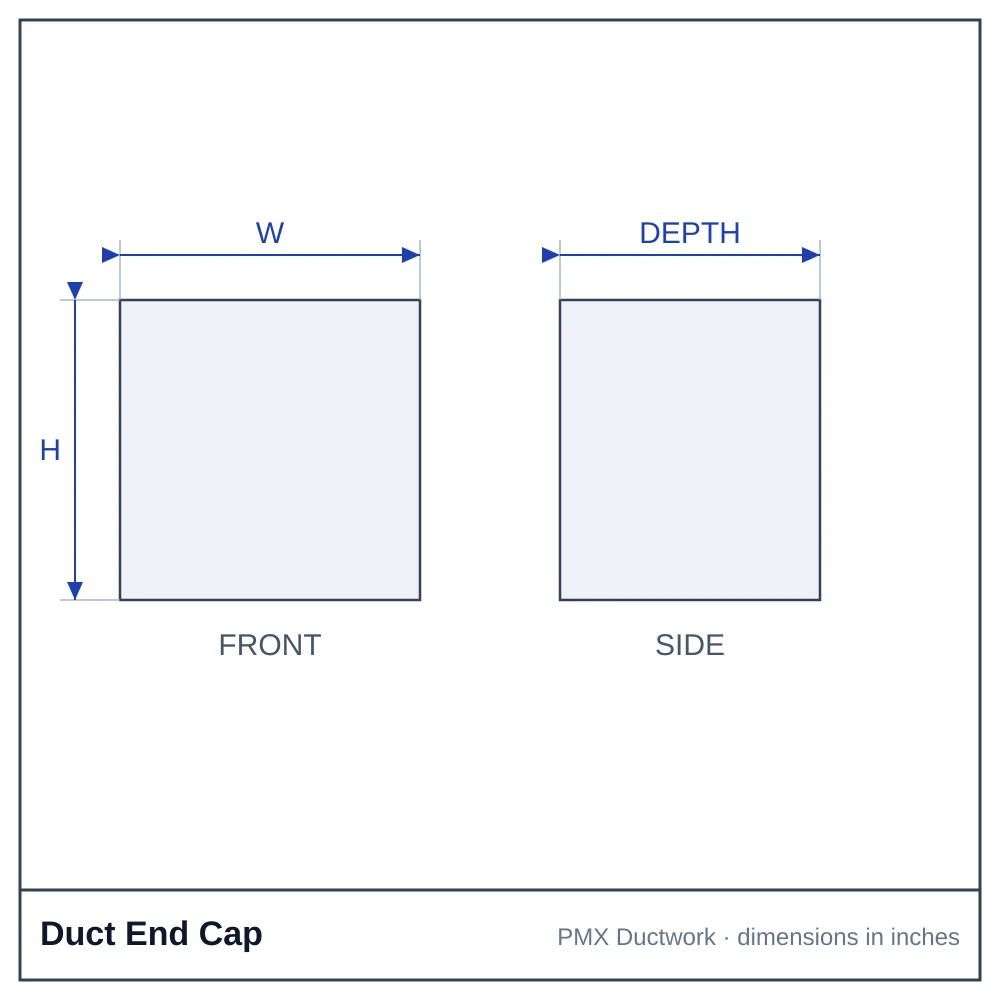 CAD drawing of a duct end cap with width and depth dimensions