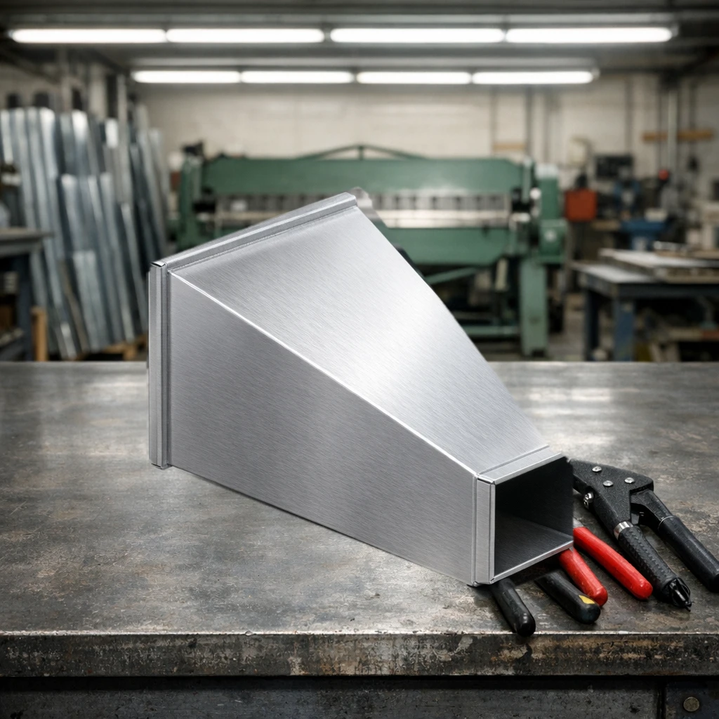 Aluminum rectangular duct reducer on a sheet metal shop workbench