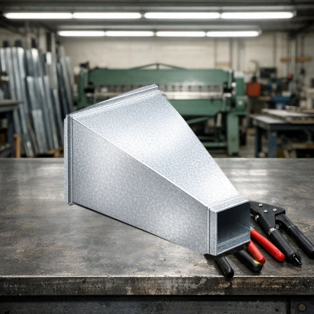 Galvanized rectangular duct reducer on a sheet metal shop workbench