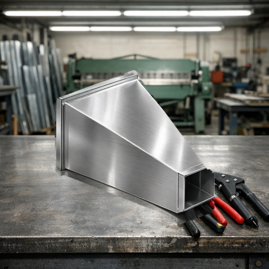 Stainless steel rectangular duct reducer on a sheet metal shop workbench