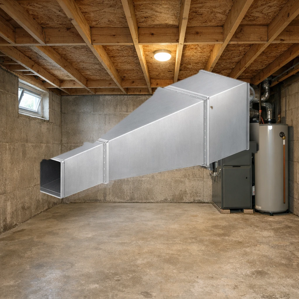 Aluminum rectangular duct reducer installed in a basement mechanical room, joined to the larger rectangular trunk on one end and the smaller duct on the other