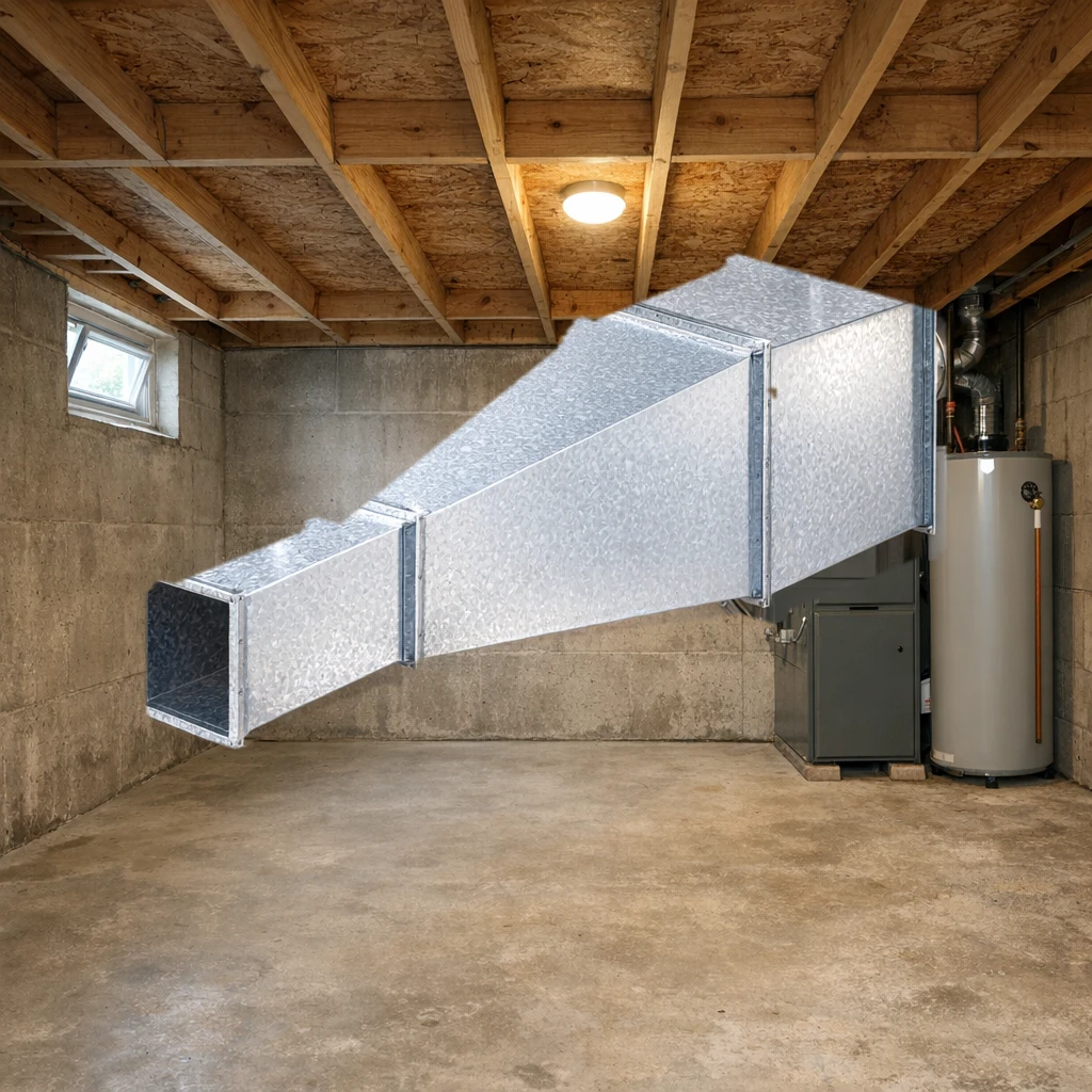 Galvanized rectangular duct reducer installed in a basement mechanical room, joined to the larger rectangular trunk on one end and the smaller duct on the other