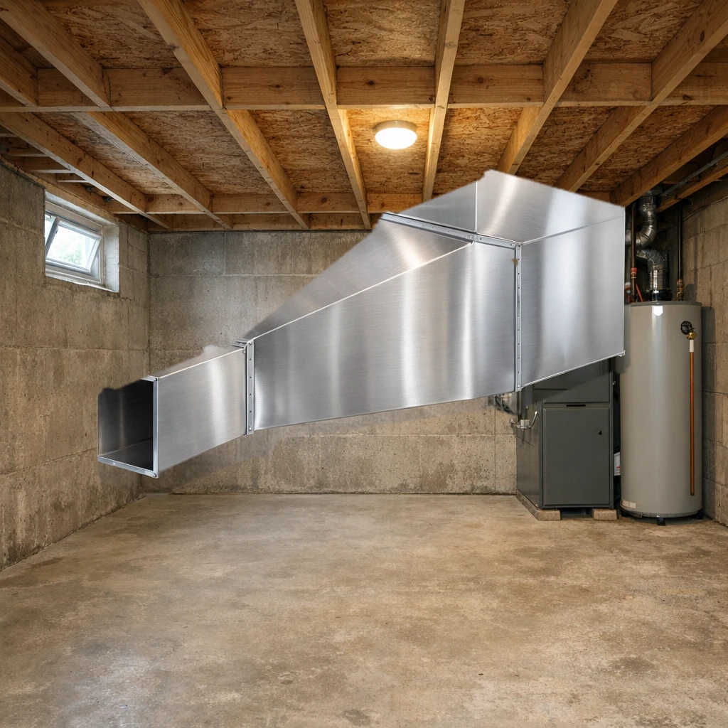 Stainless steel rectangular duct reducer installed in a basement mechanical room, joined to the larger rectangular trunk on one end and the smaller duct on the other