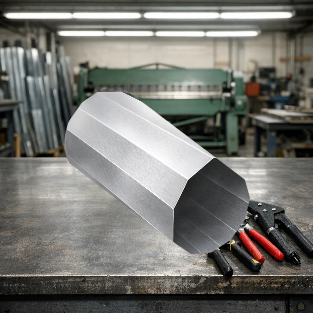 Aluminum round duct pipe on a sheet metal shop workbench