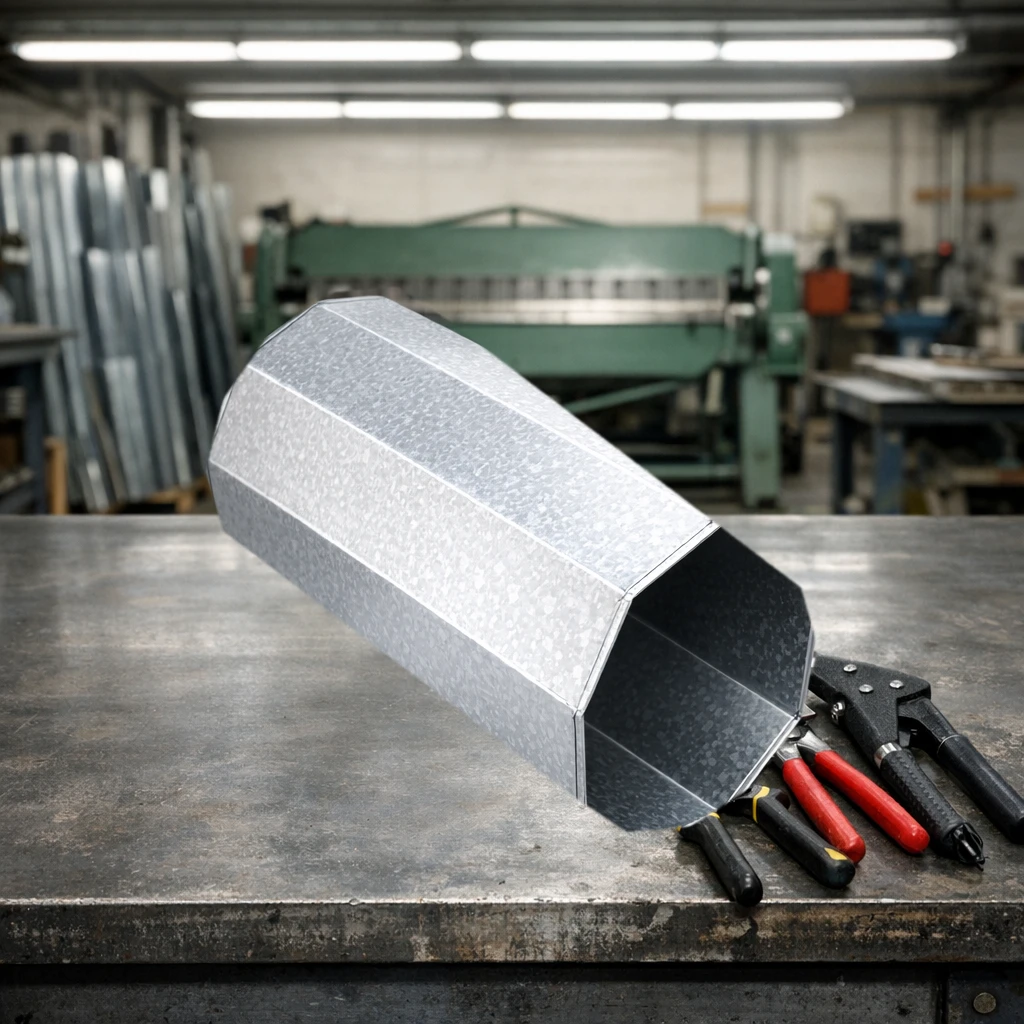 Galvanized round duct pipe on a sheet metal shop workbench