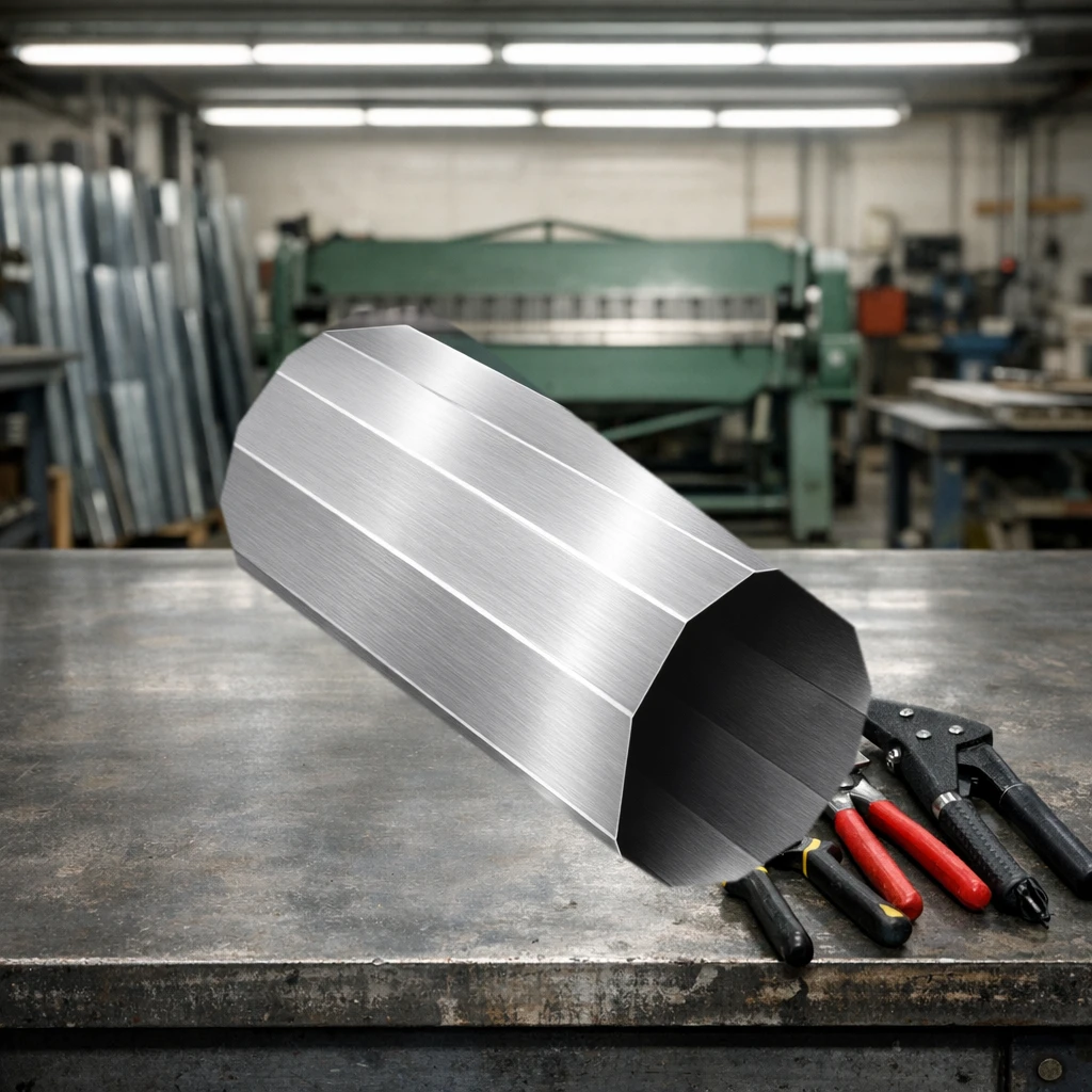 Stainless steel round duct pipe on a sheet metal shop workbench