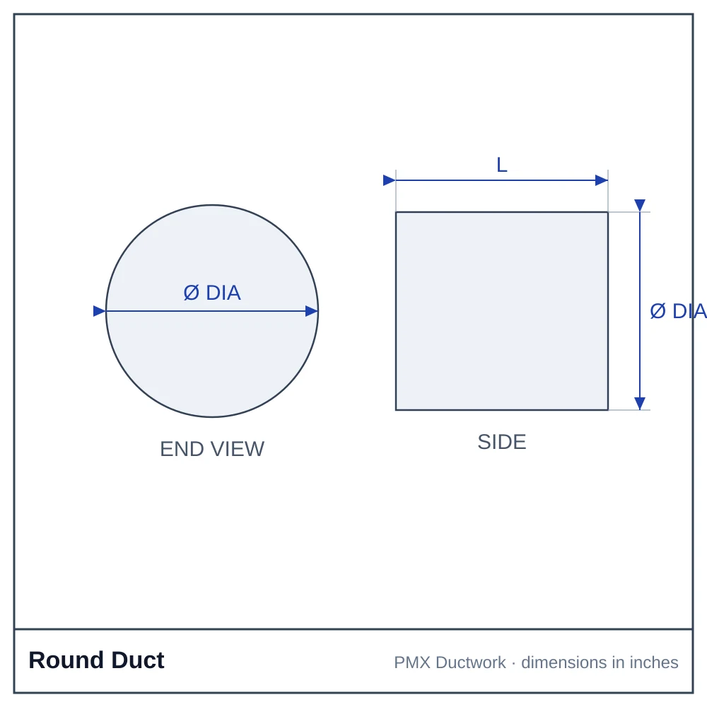 CAD drawing of a round duct pipe with diameter and length dimensions
