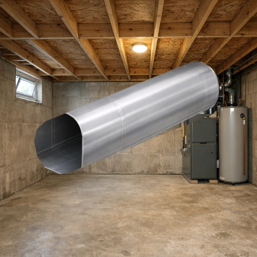 Aluminum round duct pipe installed in a basement mechanical room, joined to round pipe on both ends