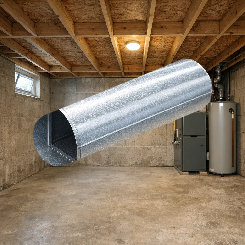 Galvanized round duct pipe installed in a basement mechanical room, joined to round pipe on both ends