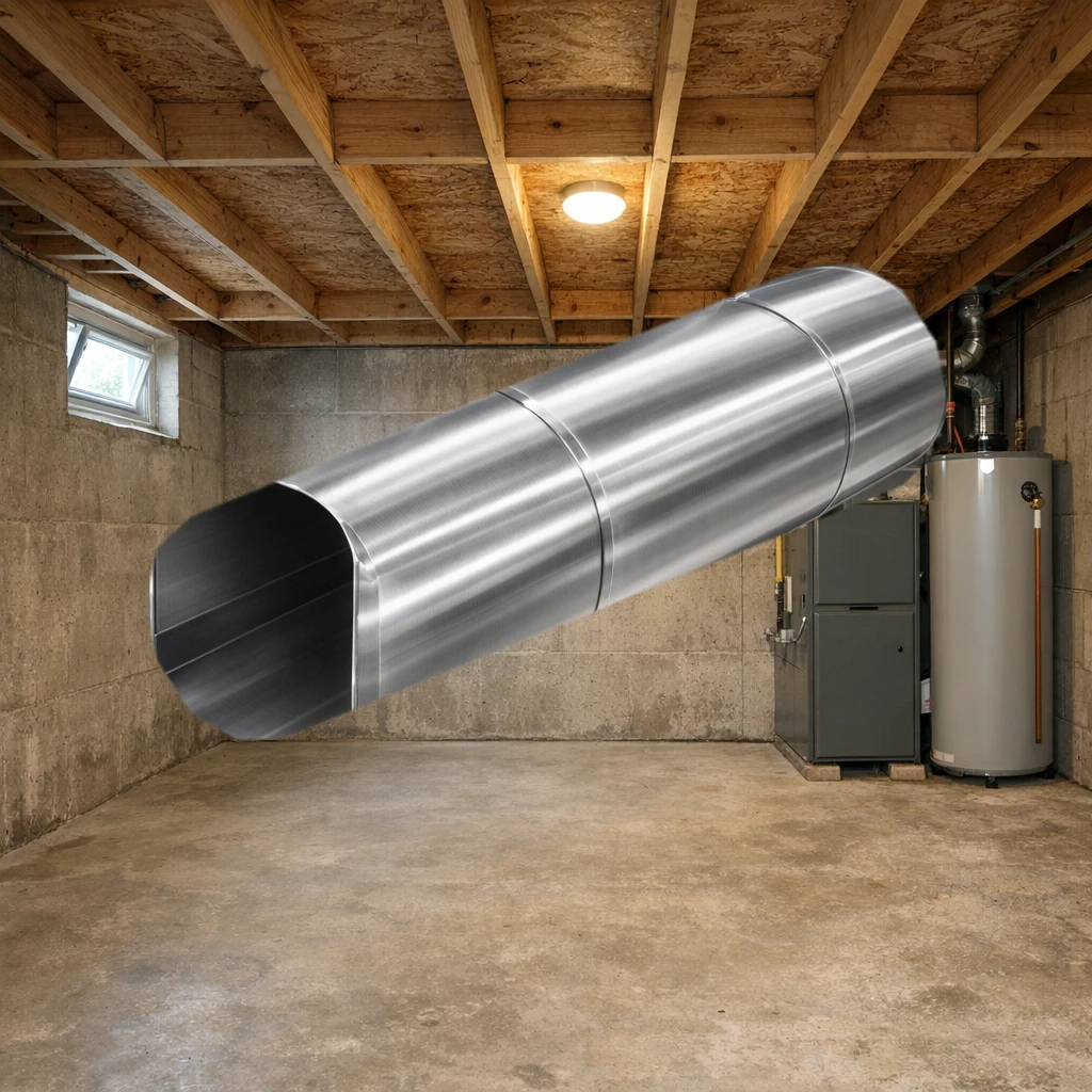 Stainless steel round duct pipe installed in a basement mechanical room, joined to round pipe on both ends