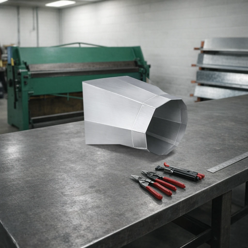 Aluminum square to round duct transition on a sheet metal shop workbench