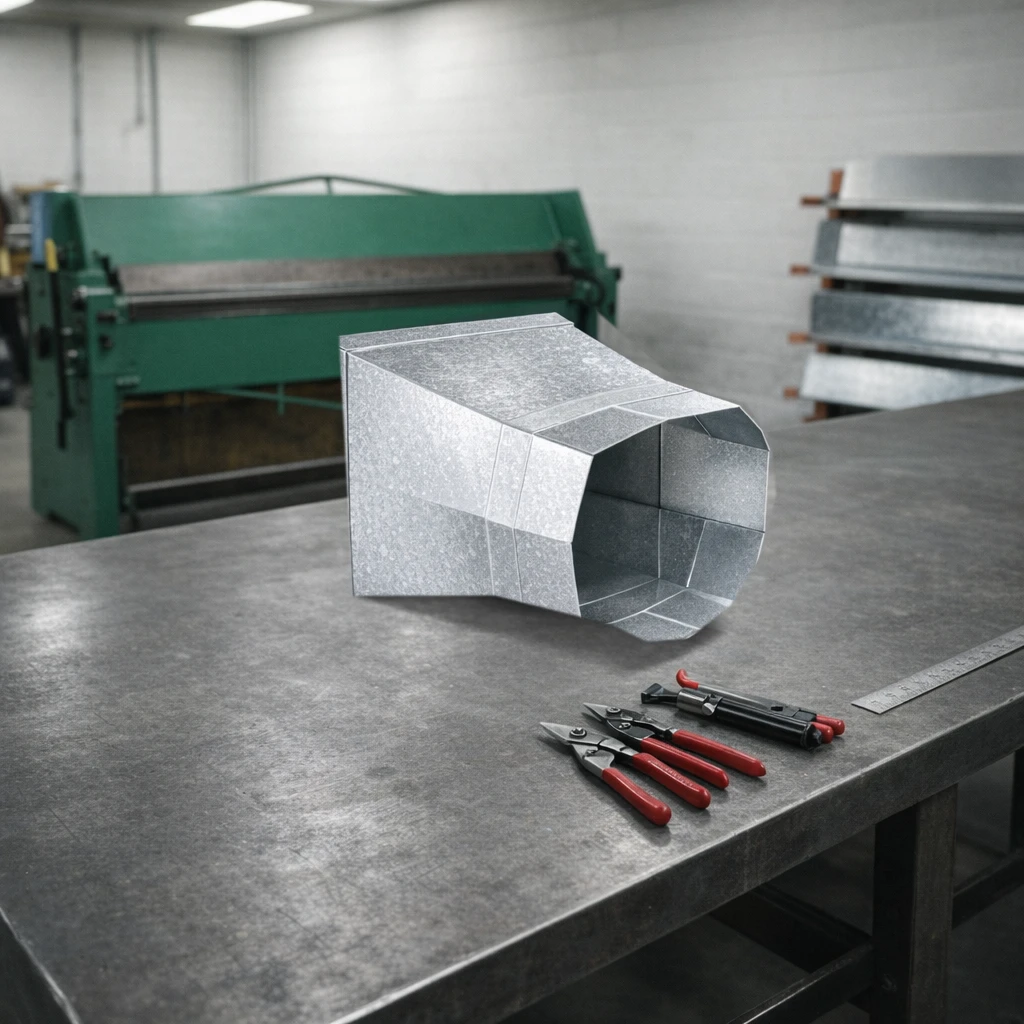 Galvanized square to round duct transition on a sheet metal shop workbench, round collar facing the camera