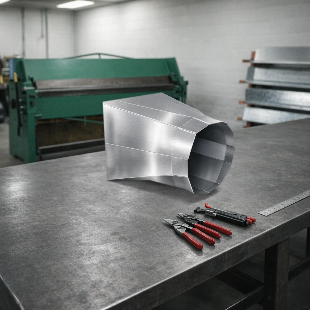 Stainless steel square to round duct transition on a sheet metal shop workbench