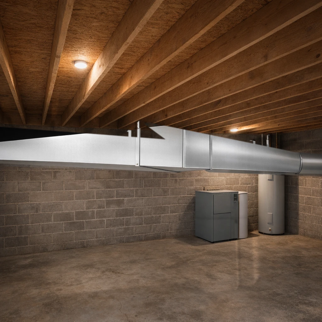 Aluminum square to round duct transition installed in a mechanical room, joined to a rectangular trunk and round pipe