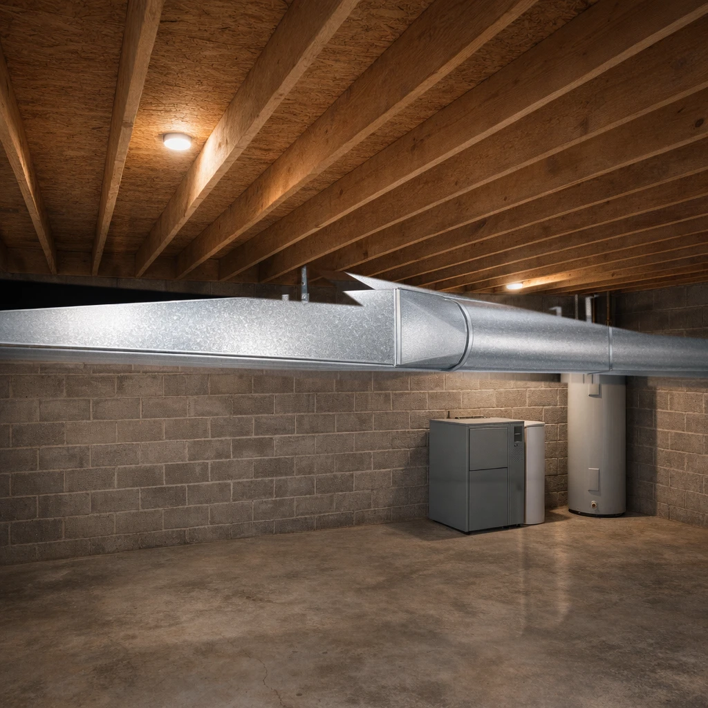 Galvanized square to round duct transition installed in a basement, joined to a rectangular trunk duct on one end and round pipe on the other