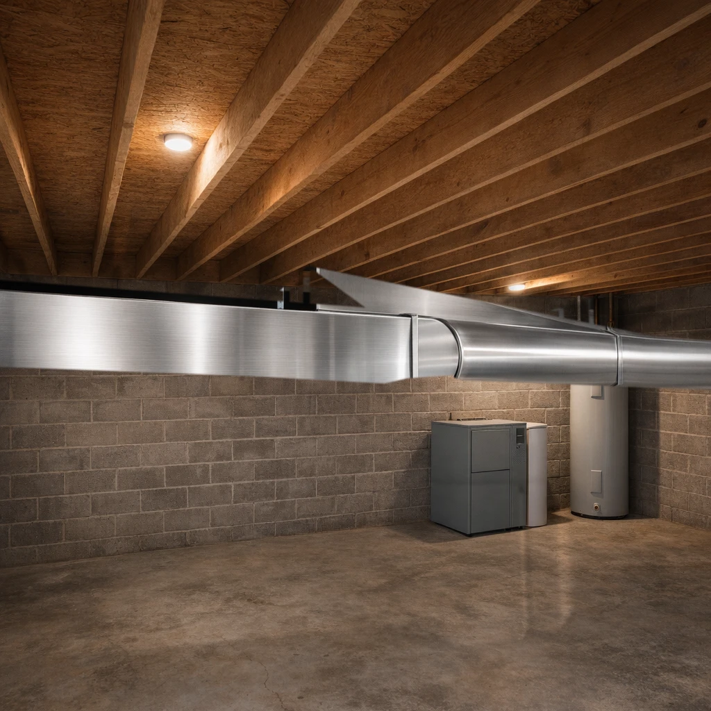 Stainless steel square to round duct transition installed in a mechanical room, joined to a rectangular trunk and round pipe