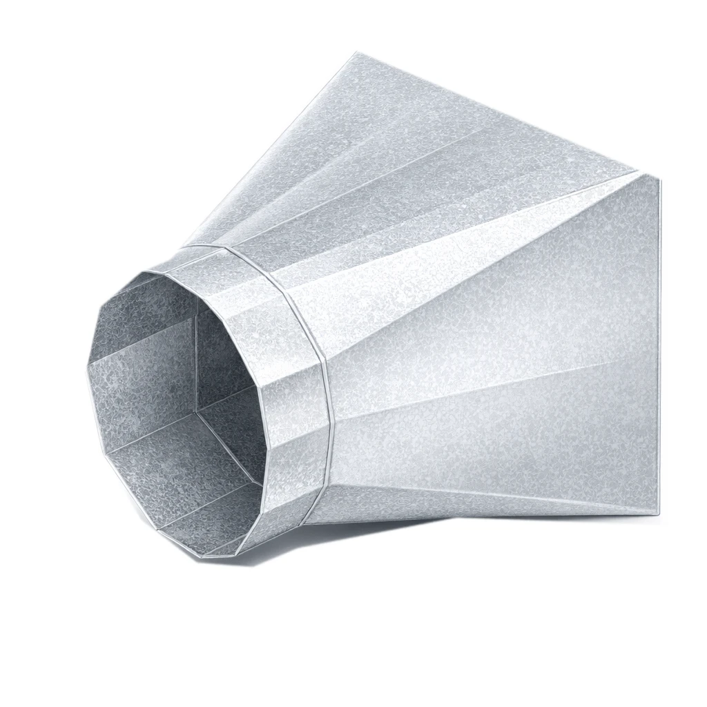 Custom galvanized square to round duct transition, rectangular inlet to round outlet, three-quarter view