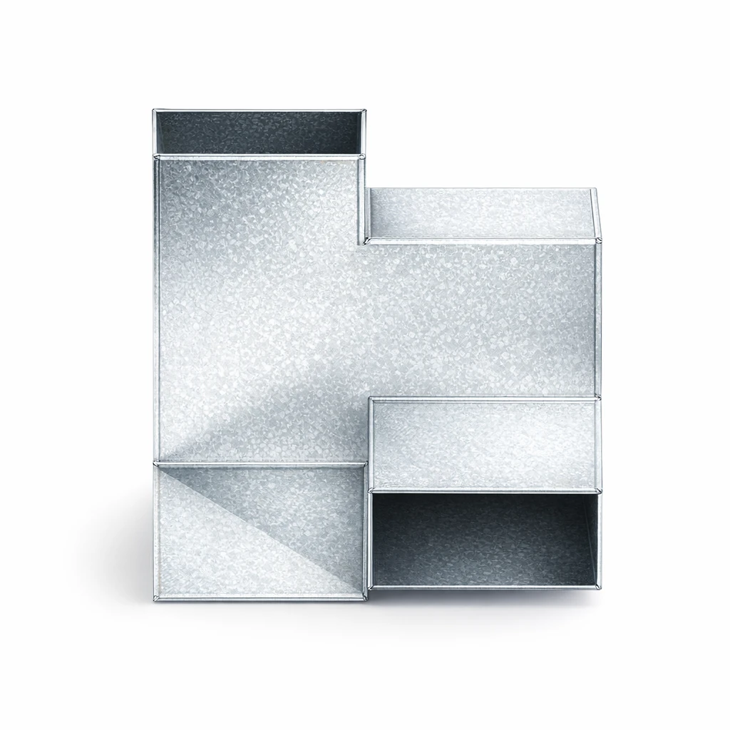 Rectangular duct tee viewed from a trunk end showing the shared depth